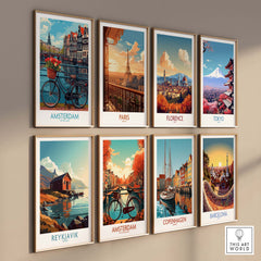 travel-themed art posters featuring vibrant cityscapes of Amsterdam, Paris, Florence, Tokyo, Reykjavik, Copenhagen, and Barcelona