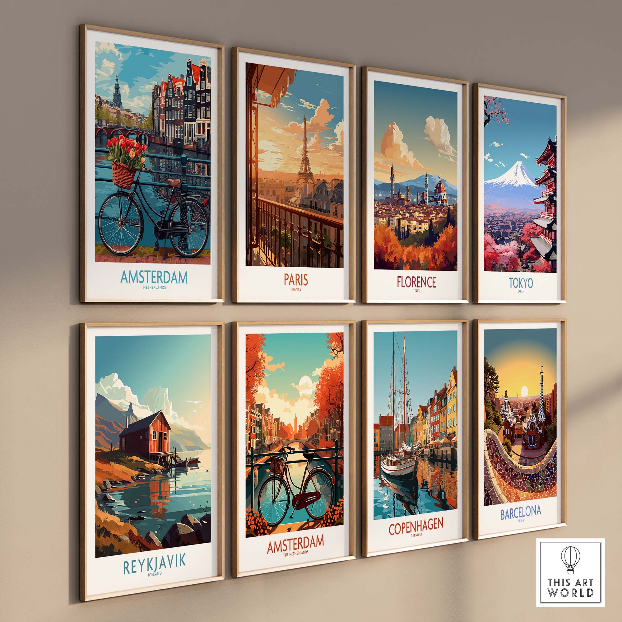 travel-themed art posters featuring vibrant cityscapes of Amsterdam, Paris, Florence, Tokyo, Reykjavik, Copenhagen, and Barcelona