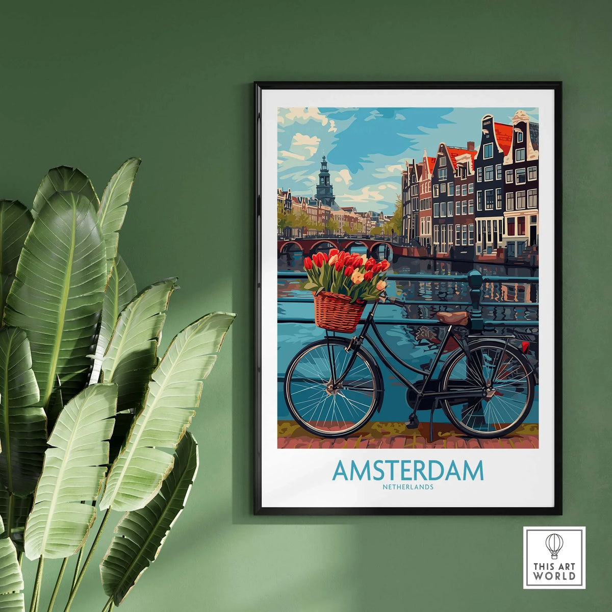 Amsterdam poster with a bicycle and tulips by a canal, vibrant Netherlands wall art for travel lovers and home decor.