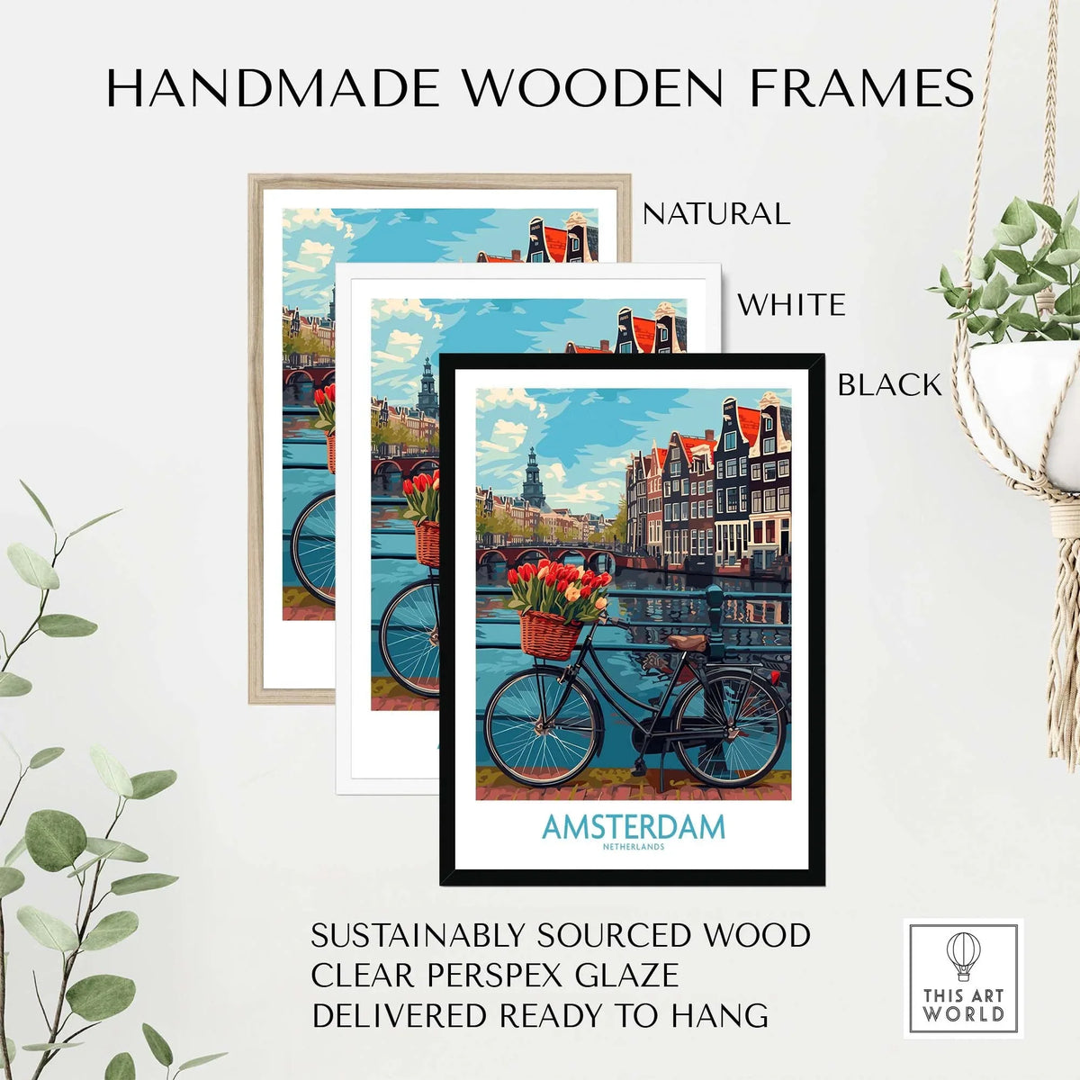 "Amsterdam poster in black, white, and natural handmade wooden frames with a bicycle scene, sustainably sourced wood"