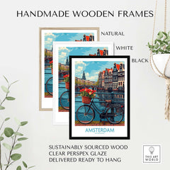 "Amsterdam poster in black, white, and natural handmade wooden frames with a bicycle scene, sustainably sourced wood"