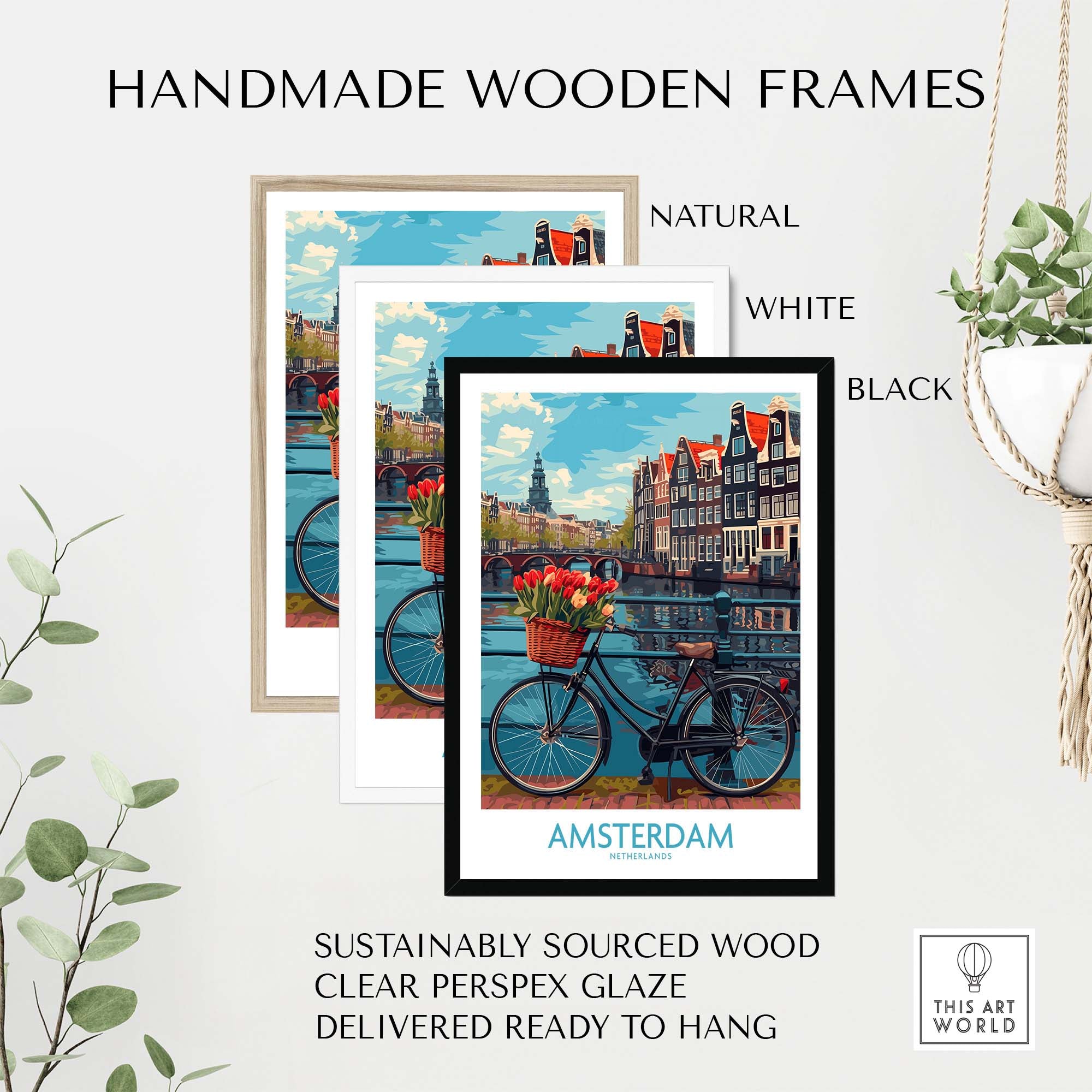 "Amsterdam poster in black, white, and natural handmade wooden frames with a bicycle scene, sustainably sourced wood"