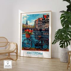 Amsterdam poster with bicycle and flowers by a canal, vibrant cityscape wall art for travel lovers and home decorators.