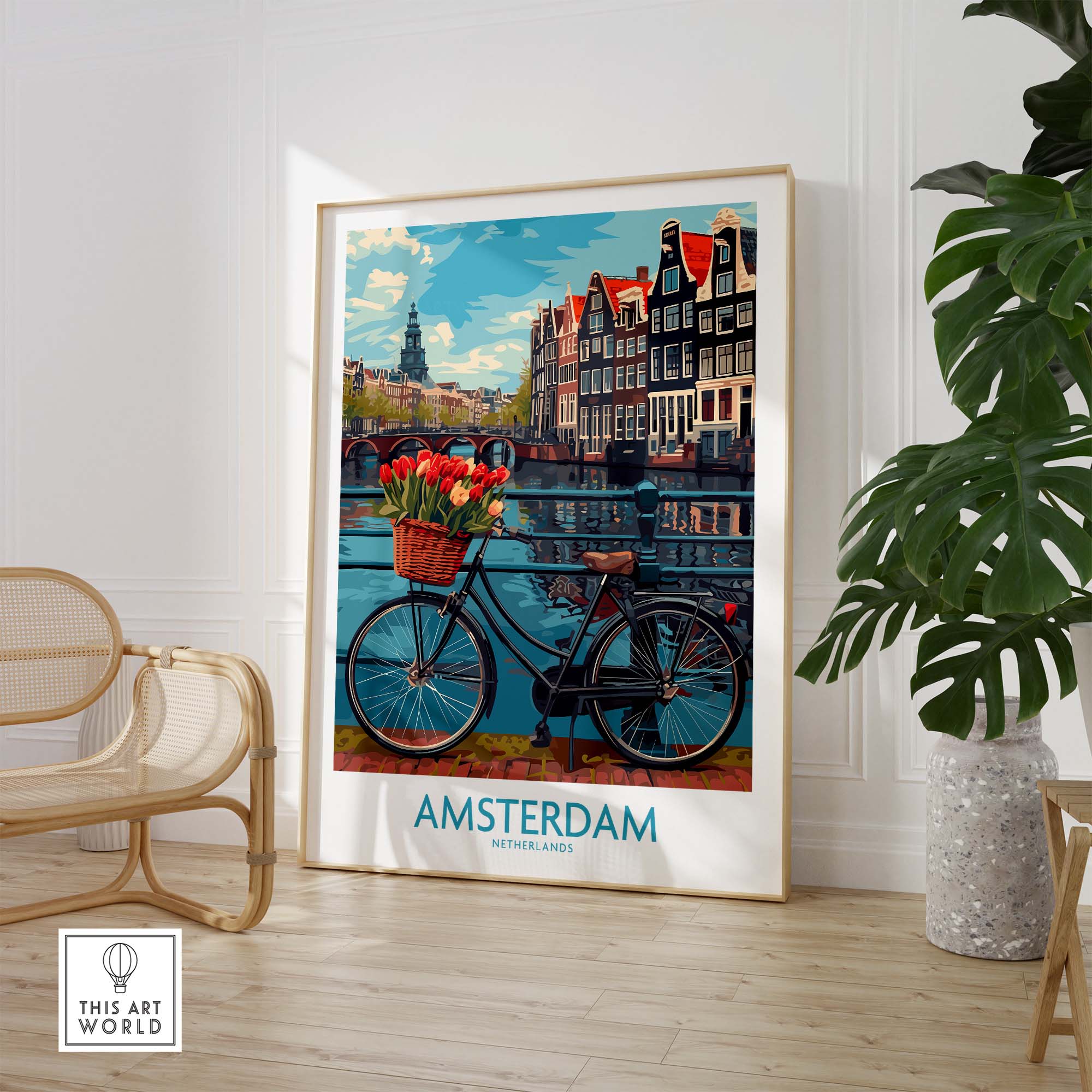 Amsterdam poster with bicycle and flowers by a canal, vibrant cityscape wall art for travel lovers and home decorators.