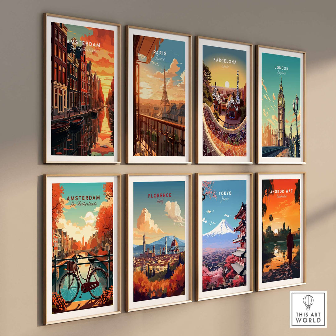 Wall art prints of iconic cities: Amsterdam, Paris, Barcelona, London, Florence, Tokyo, and Angkor Wat.