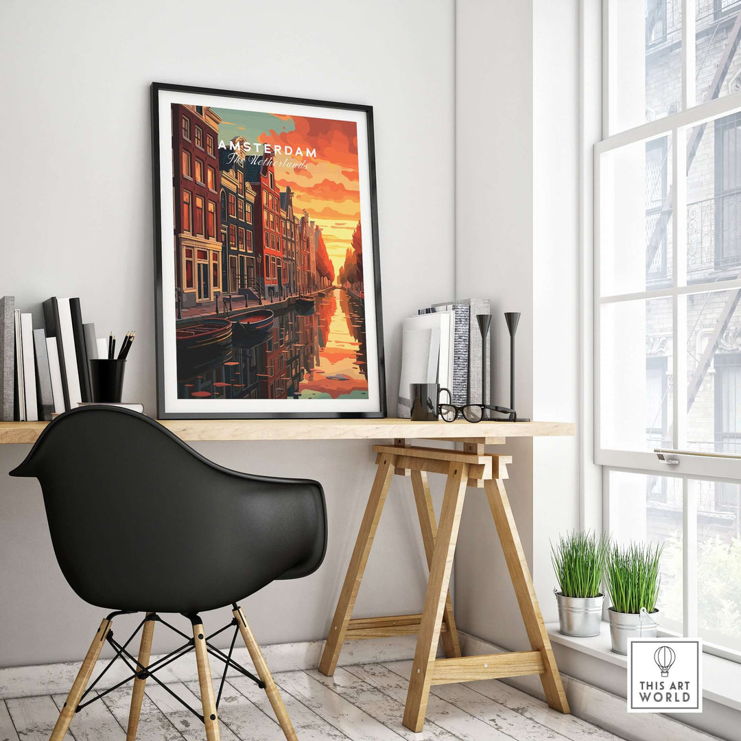 Amsterdam Sunset Canal Wall Art Print displayed in a stylish modern interior, enhancing the space with vibrant colors.