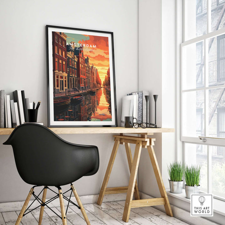 Amsterdam Sunset Canal Wall Art Print displayed in a stylish modern interior, enhancing the space with vibrant colors.