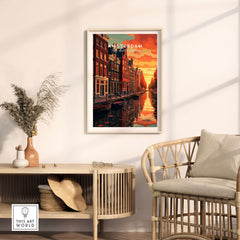 Amsterdam Sunset Canal Wall Art Print displayed in a cozy living room setting featuring urban canals at sunset.