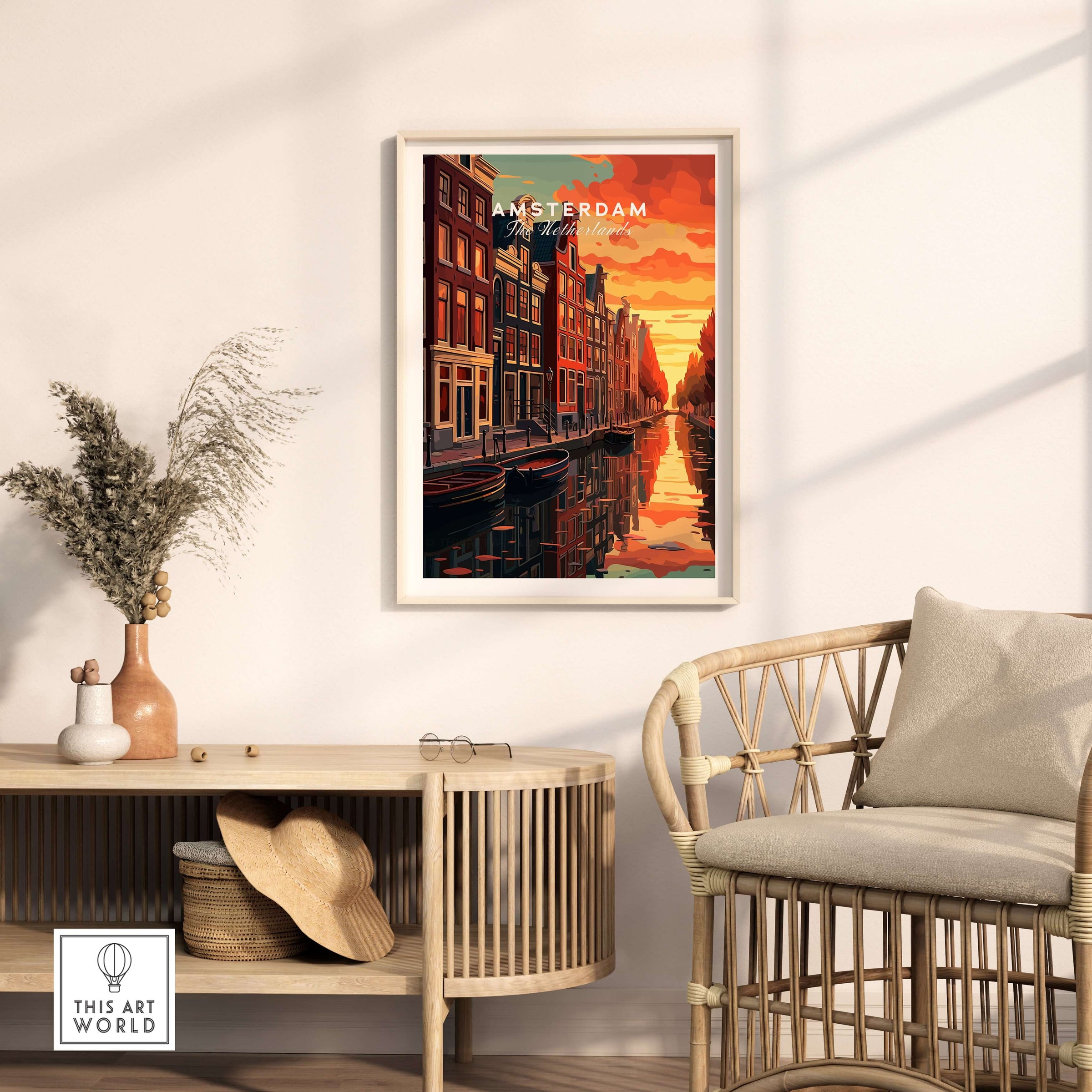 Amsterdam Sunset Canal Wall Art Print displayed in a cozy living room setting featuring urban canals at sunset.