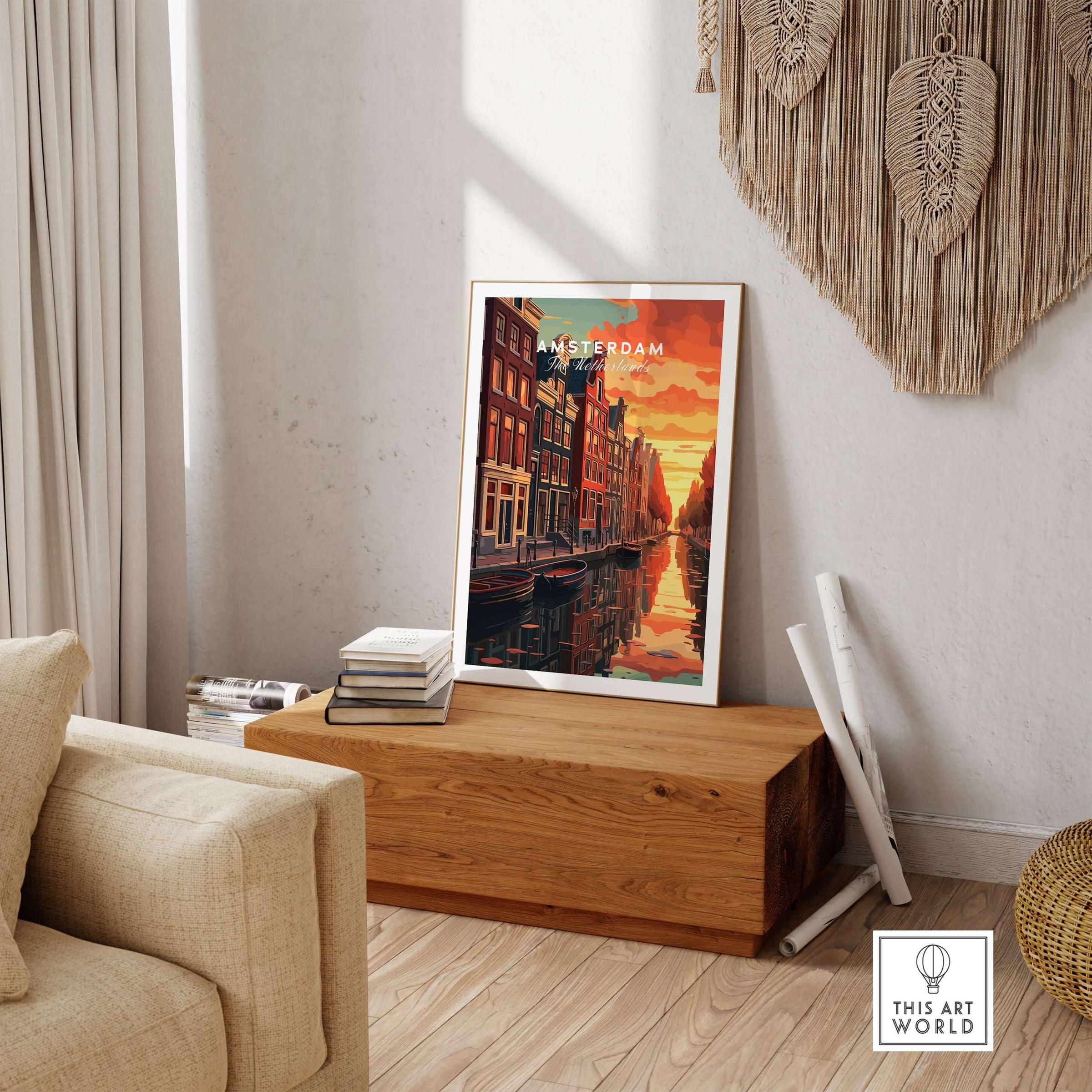 Amsterdam Sunset Canal Wall Art Print featuring vibrant colors and iconic canals in a cozy living room setting.