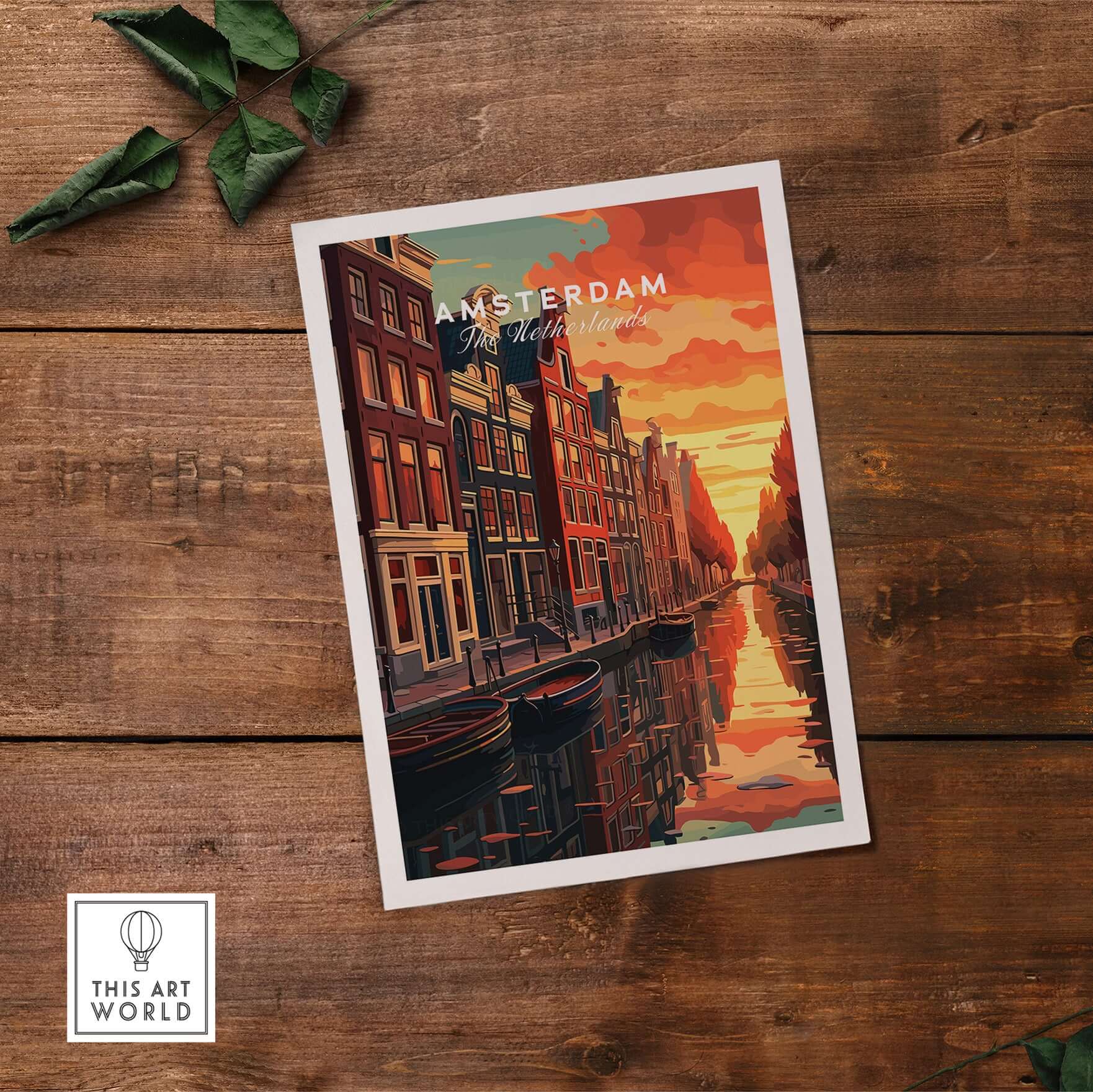 Amsterdam Sunset Canal Wall Art Print featuring vibrant colors and iconic canals at sunset.
