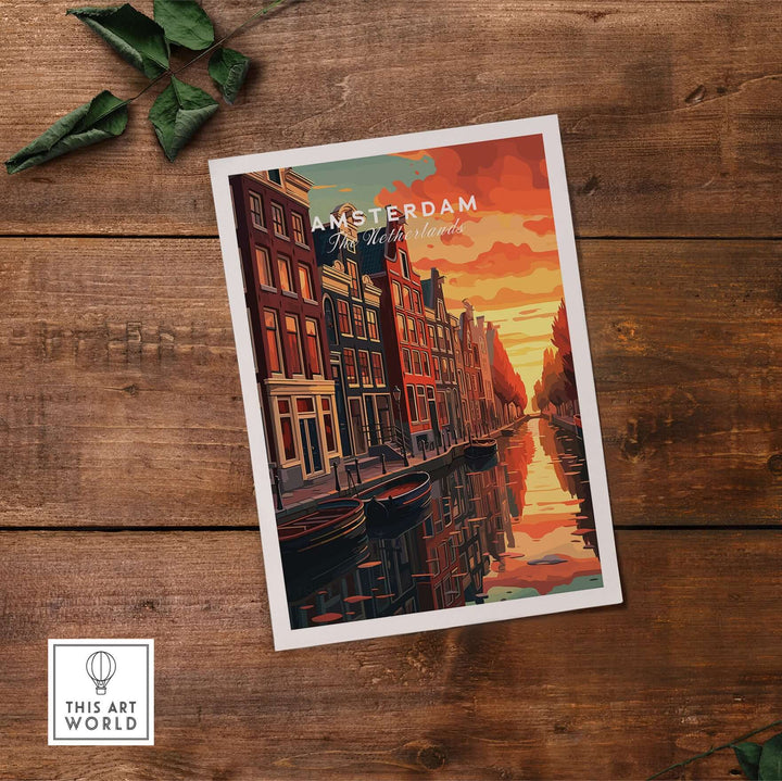 Amsterdam sunset canal wall art print showcasing vibrant colors and scenic urban charm on wooden background.