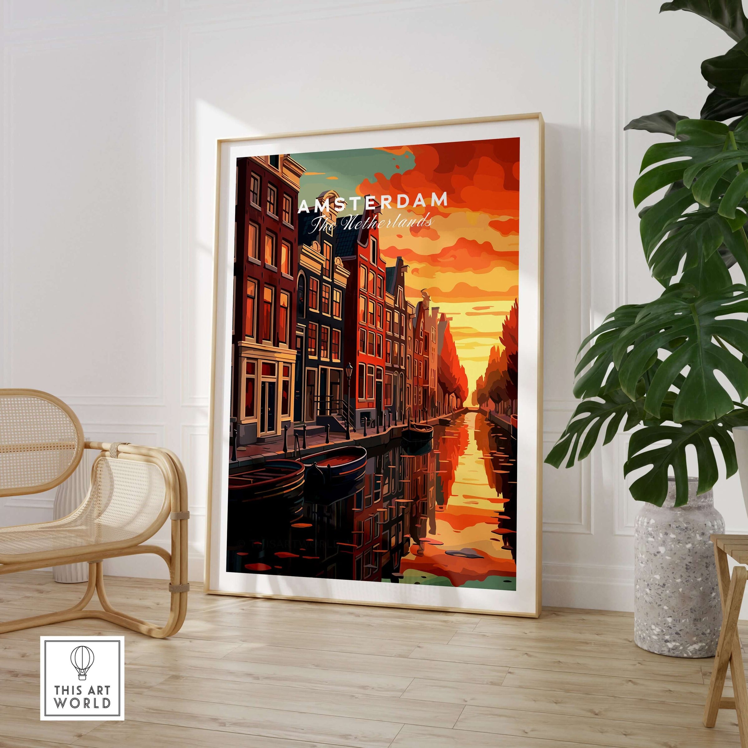 Amsterdam Sunset Canal Wall Art Print showcasing vibrant colors and iconic canals in a modern living room setting.