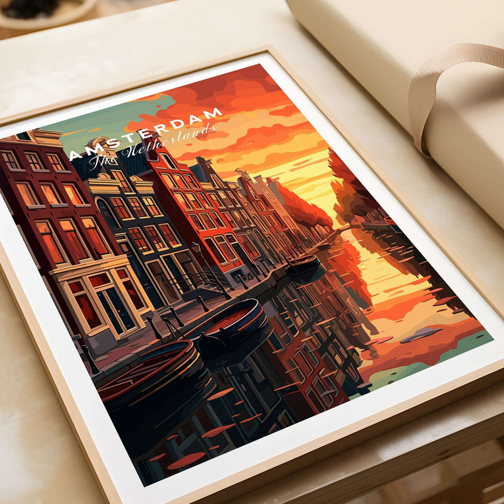 Amsterdam Sunset Canal Wall Art Print showcasing vibrant colors and iconic canals reflecting sunset hues.