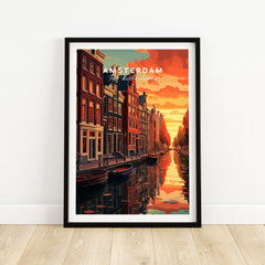 Amsterdam Sunset Canal Wall Art Print showcasing vibrant canals at sunset in Amsterdam.