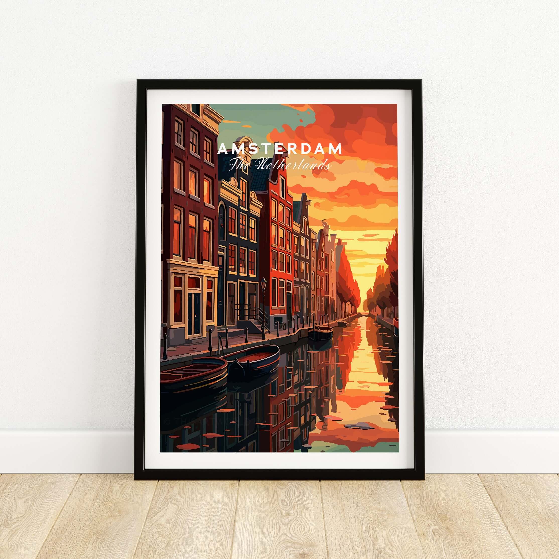 Amsterdam Sunset Canal Wall Art Print showcasing vibrant canals at sunset in Amsterdam.