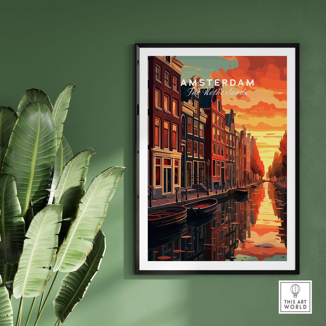 Amsterdam sunset canal wall art print featuring vibrant colors and iconic buildings reflecting in the water.