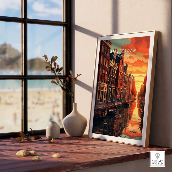 Amsterdam Sunset Canal Wall Art Print in a modern interior, showcasing vibrant orange skies and serene canals.