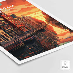 Amsterdam Sunset Canal Wall Art Print showcasing vibrant colors of Amsterdam's canals at sunset.