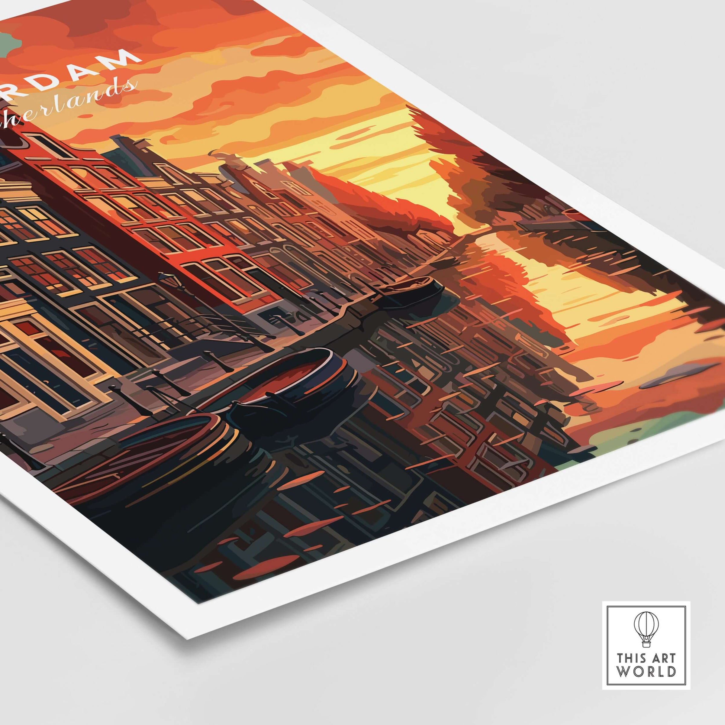 Amsterdam Sunset Canal Wall Art Print showcasing vibrant colors of Amsterdam's canals at sunset.