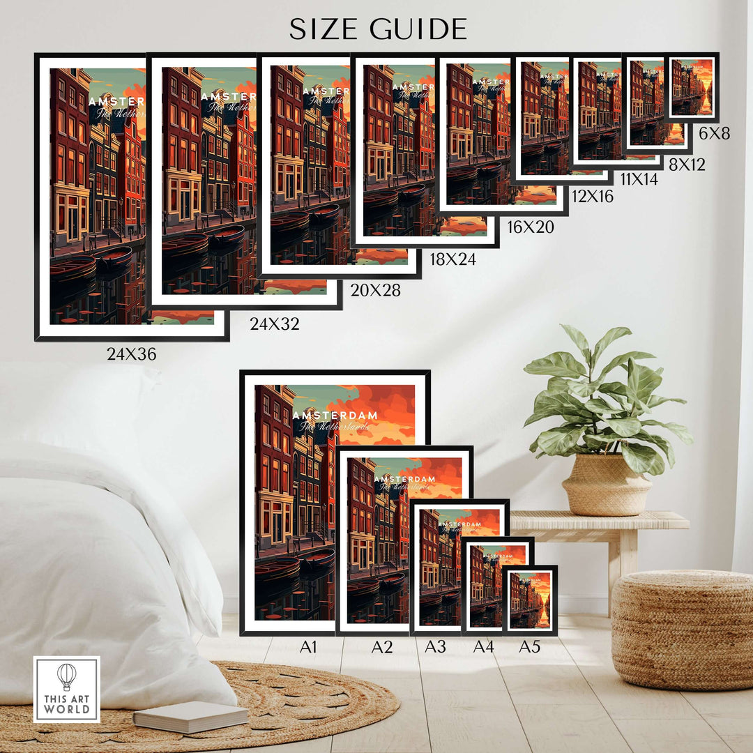 Size guide for Amsterdam Sunset Canal Wall Art Print featuring various frame sizes in a stylish home setting.
