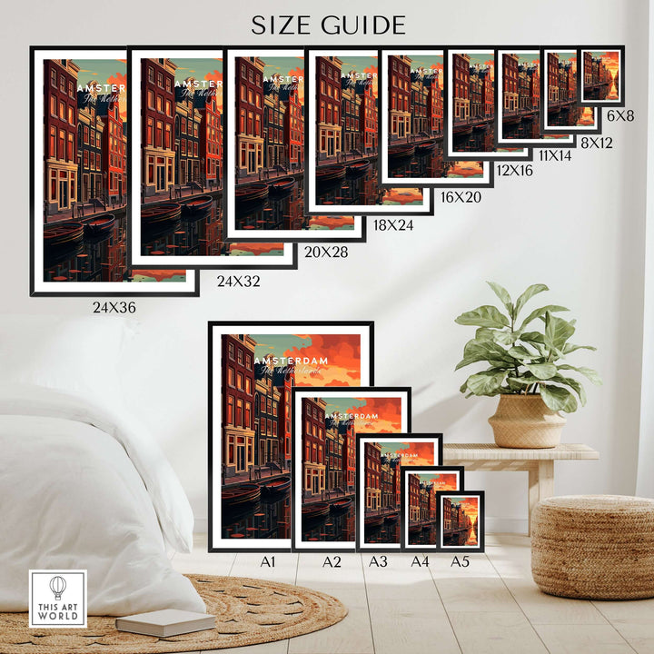 Size guide for Amsterdam Sunset Canal Wall Art Print featuring various frame sizes in a stylish home setting.