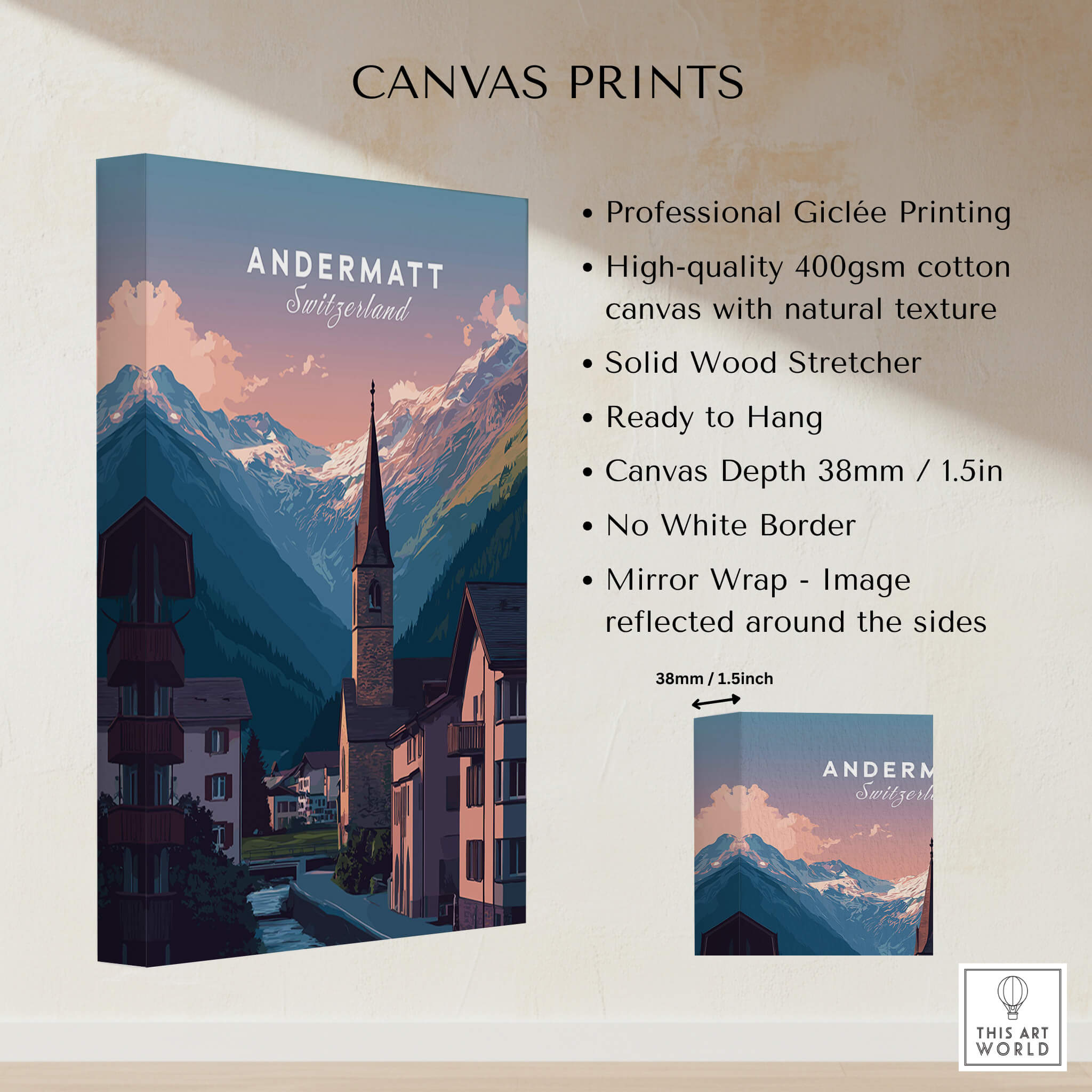 Andermatt Travel Poster – Switzerland Print showcasing Swiss Alps with mountain village and rich colors on high-quality canvas.