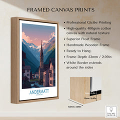 Andermatt Switzerland Print – Travel Poster framed canvas print with wooden frame and vibrant Alpine landscape.