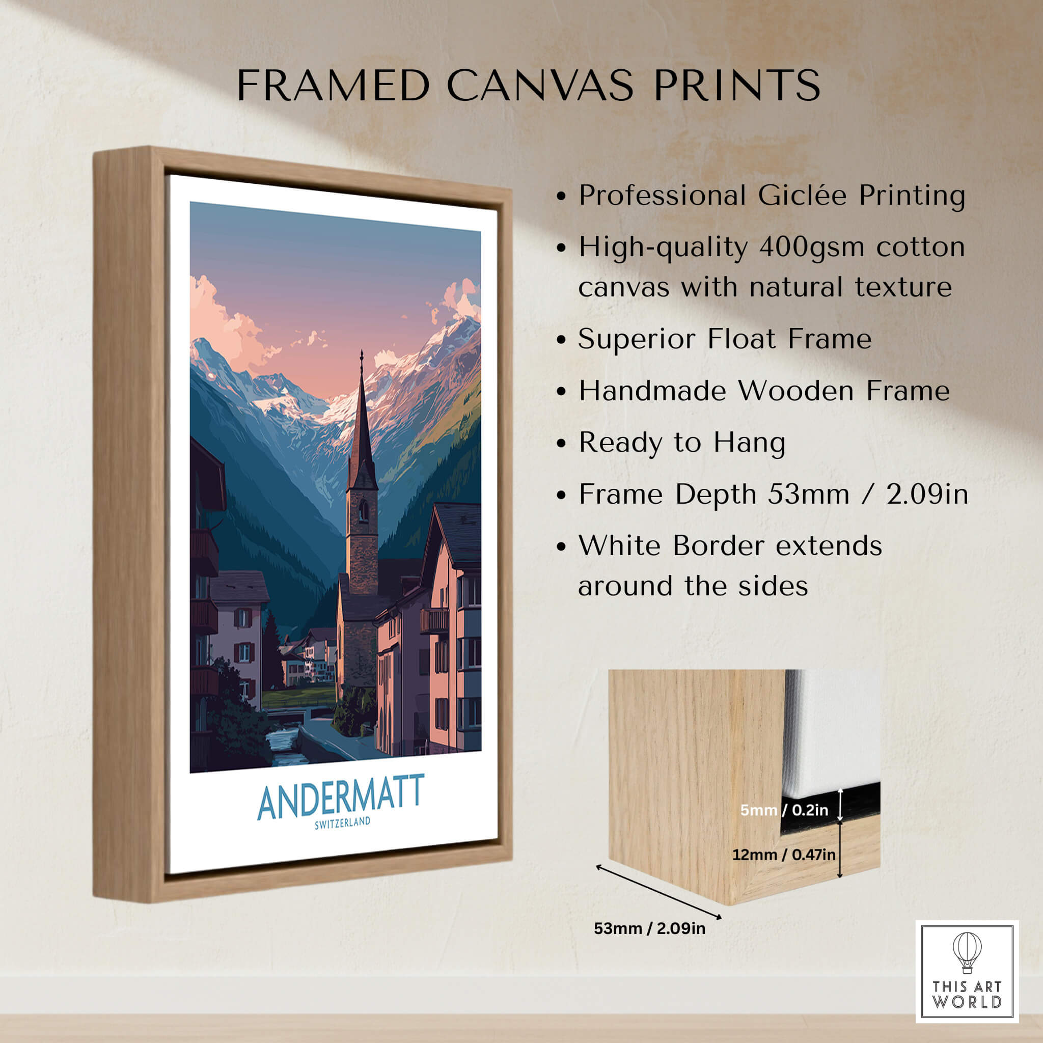 Andermatt Switzerland Print – Travel Poster framed canvas print with wooden frame and vibrant Alpine landscape.