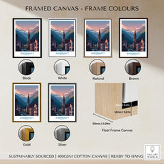 Framed canvas options for Andermatt Switzerland Print – Travel Poster in various colors including Black, White, Gold, Silver, and Natural.
