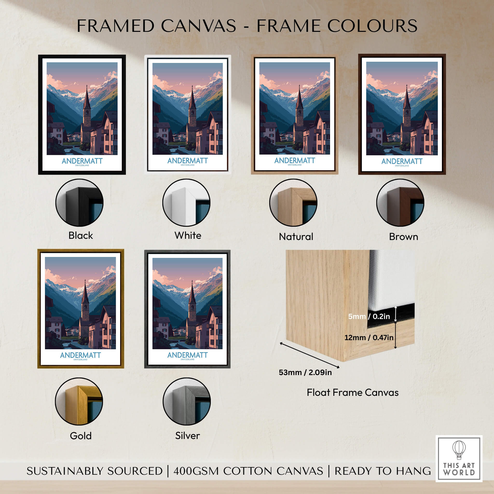 Framed canvas options for Andermatt Switzerland Print – Travel Poster in various colors including Black, White, Gold, Silver, and Natural.