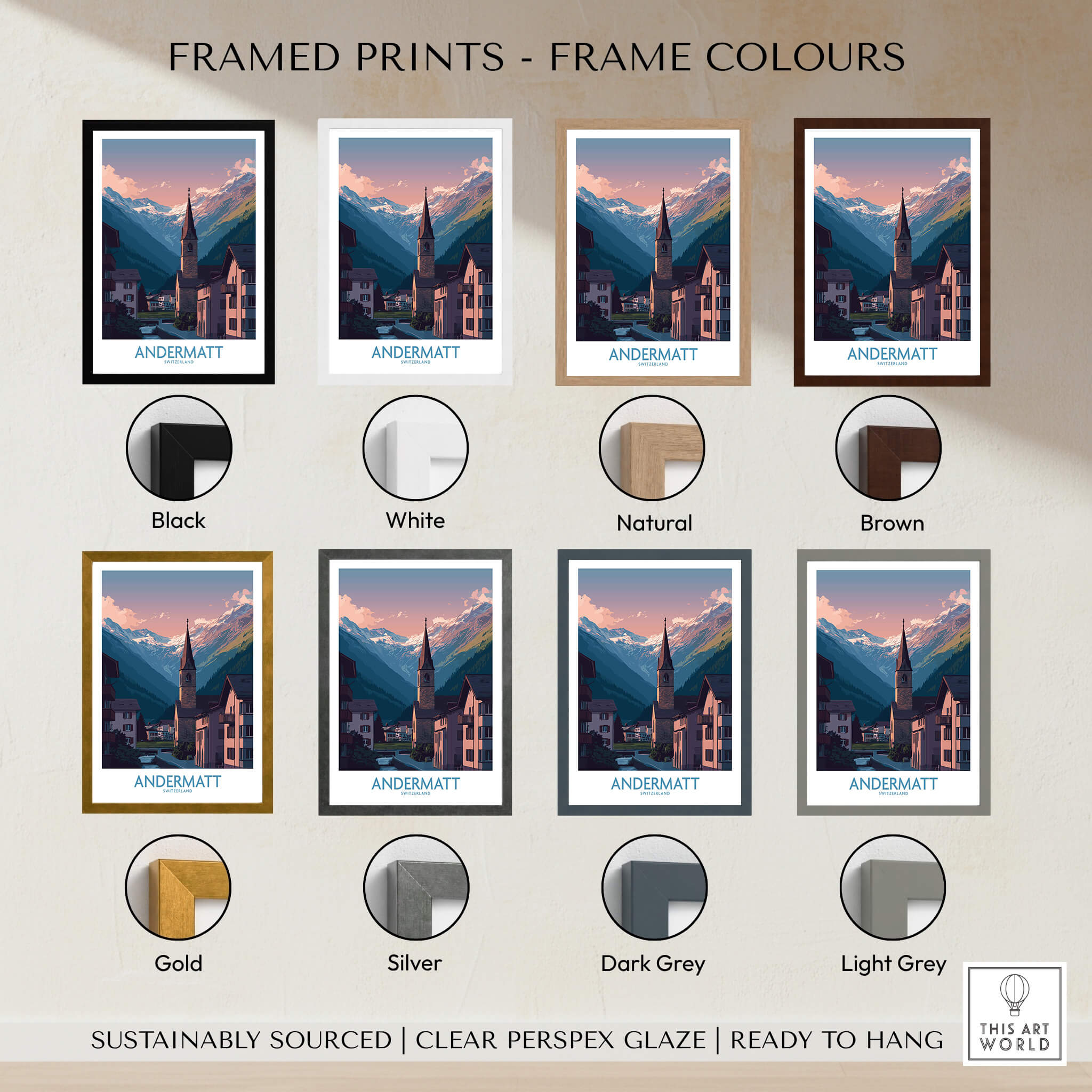 Framed Andermatt Switzerland Print – Travel Poster with various frame colors available including Black, White, Gold, and more.