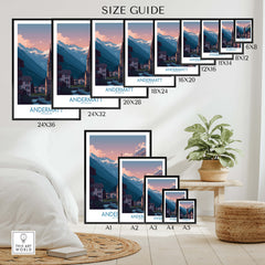 Andermatt Switzerland Print – Travel Poster size guide with various frame sizes displayed.