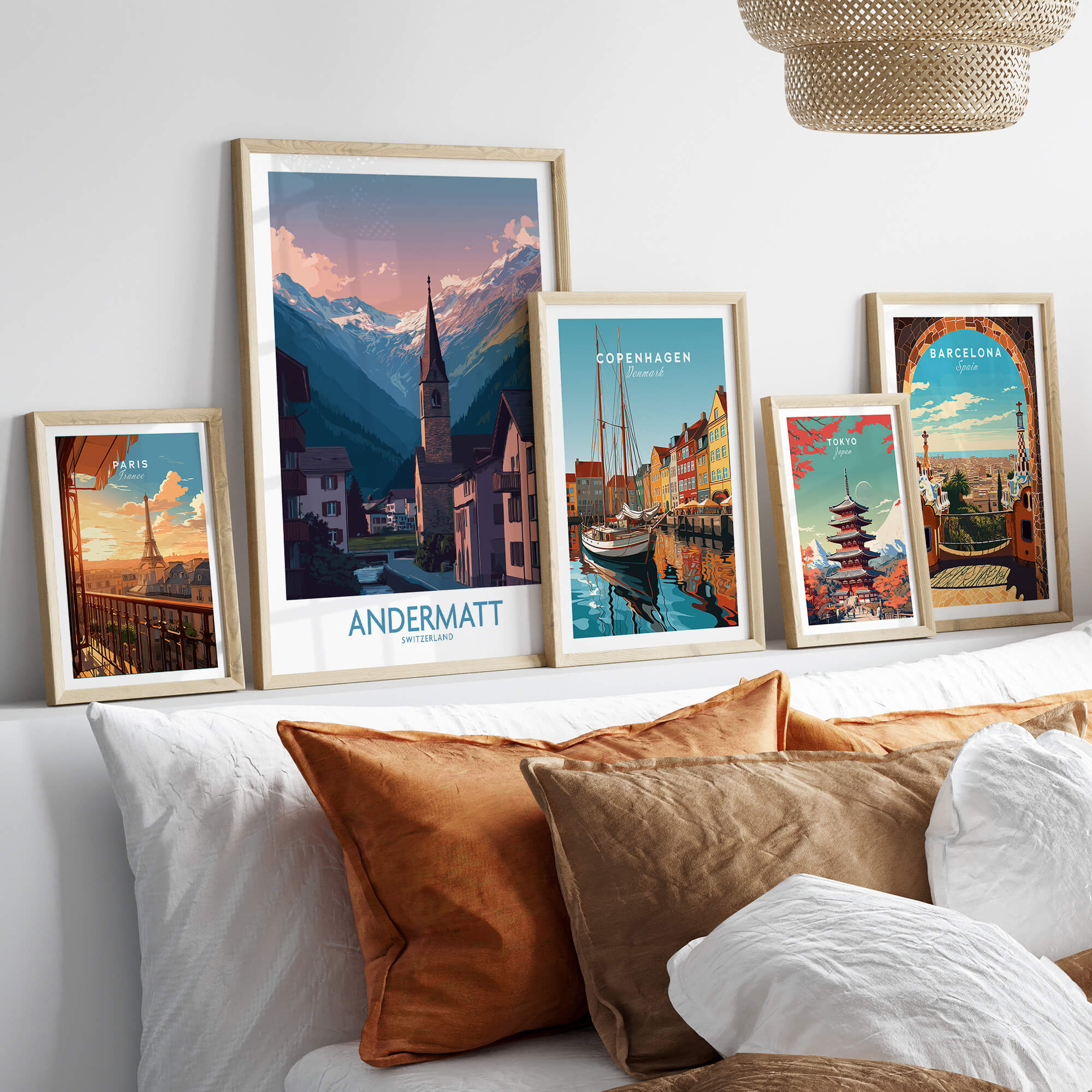 Andermatt Switzerland Print – Travel Poster displayed with other travel prints on a stylish home decor setup.