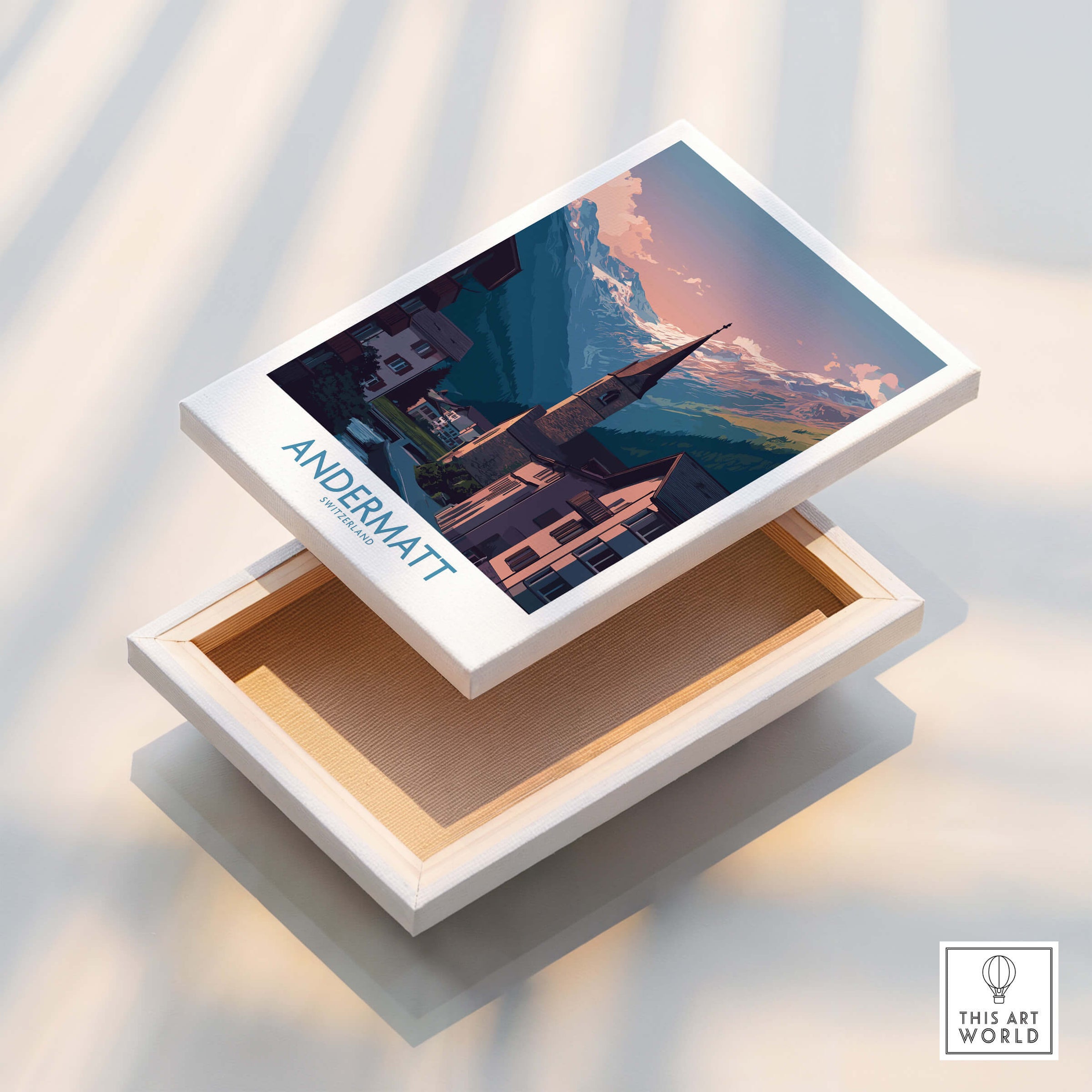 Andermatt Switzerland Print – Travel Poster displayed on an open box highlighting Swiss Alpine landscape.