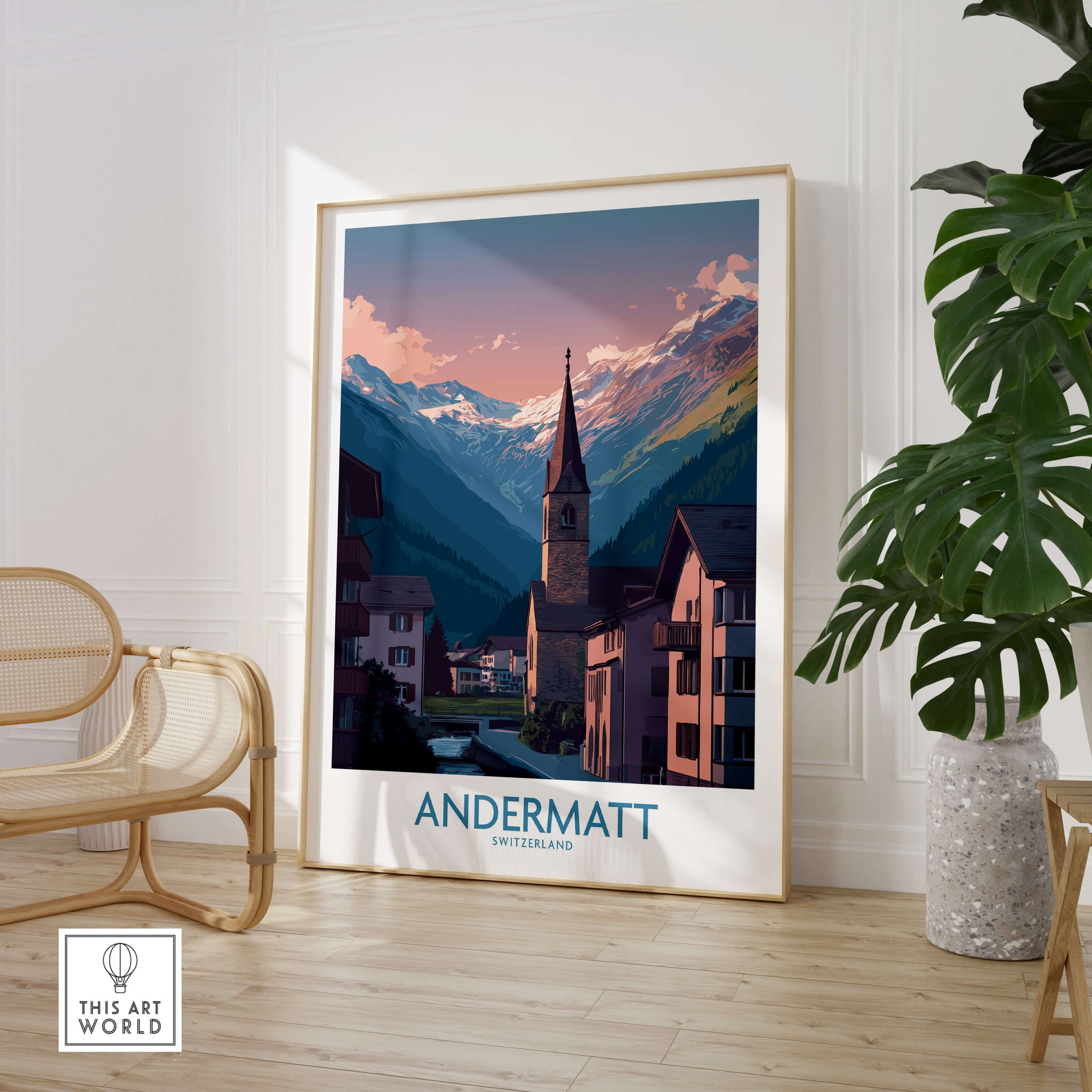 Andermatt Switzerland Print – Travel Poster featuring a scenic view of Andermatt's charming architecture and mountains.