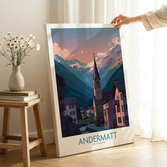 Andermatt Switzerland Print – Travel Poster showcasing picturesque mountains and charming chalets in Andermatt.