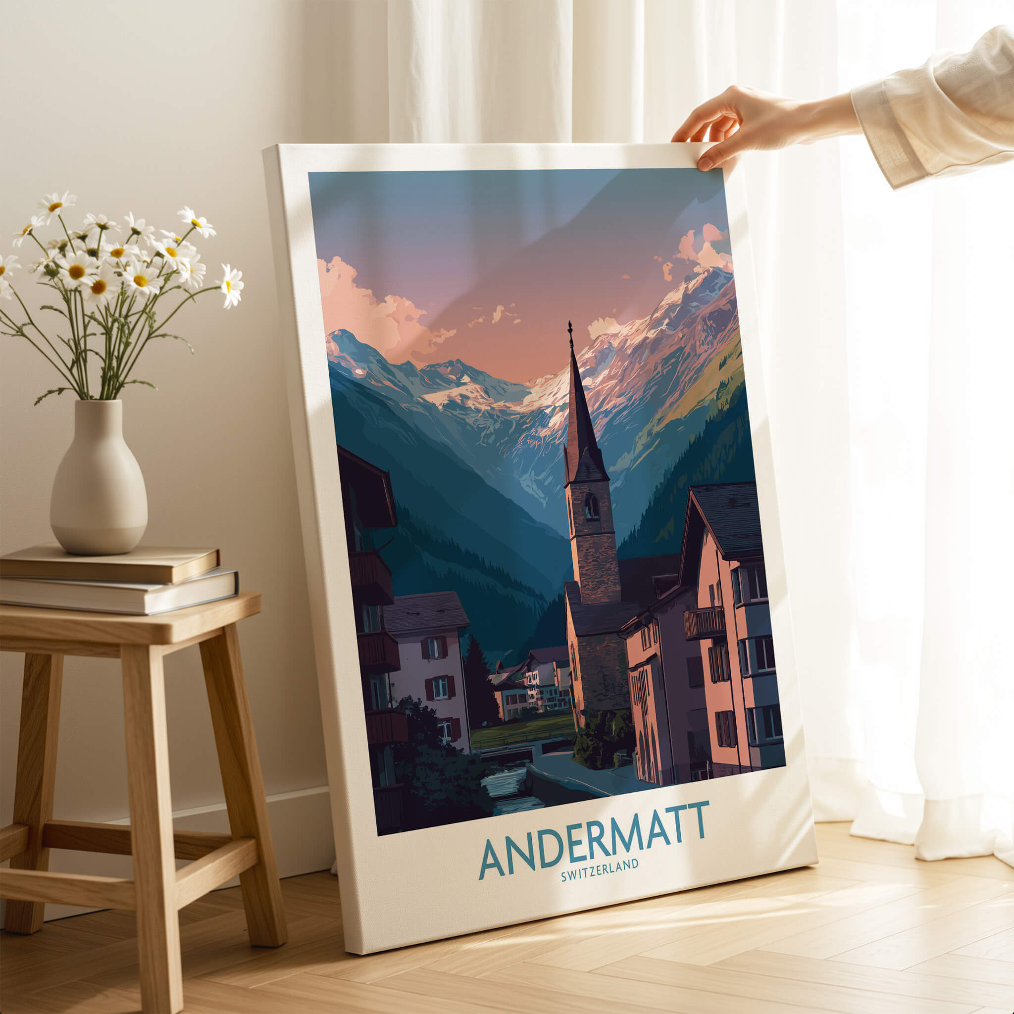 Andermatt Switzerland Print – Travel Poster showcasing picturesque mountains and charming chalets in Andermatt.
