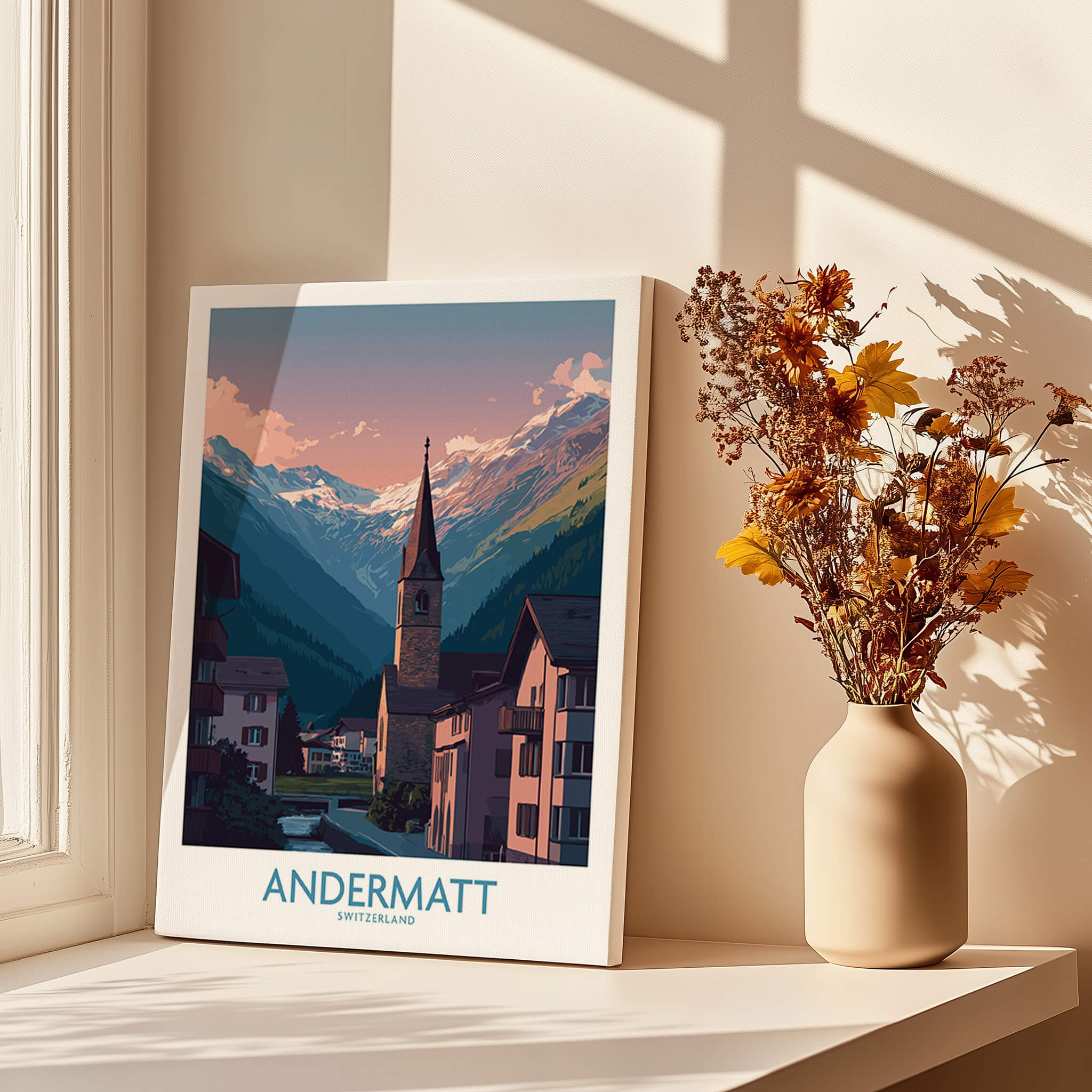 Andermatt Switzerland Print – Travel Poster showcasing Alpine scenery with a charming village and mountains.