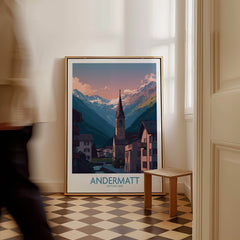 Andermatt Switzerland Print – Travel Poster framed in a cozy interior, showcasing stunning Alpine scenery.