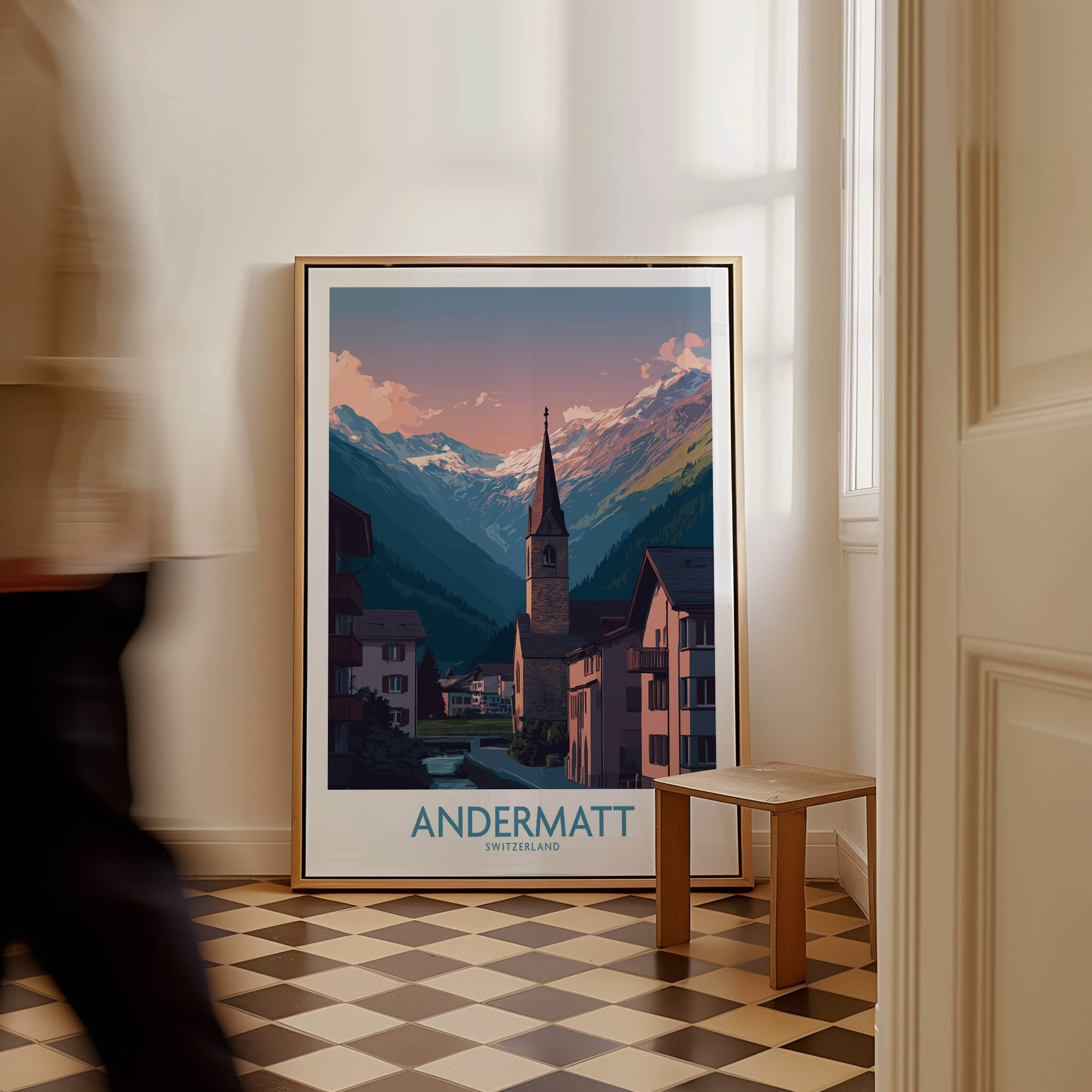 Andermatt Switzerland Print – Travel Poster framed in a cozy interior, showcasing stunning Alpine scenery.
