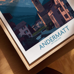 Andermatt Switzerland Print – Travel Poster showcasing Alpine architecture and scenic landscape in rich colors.