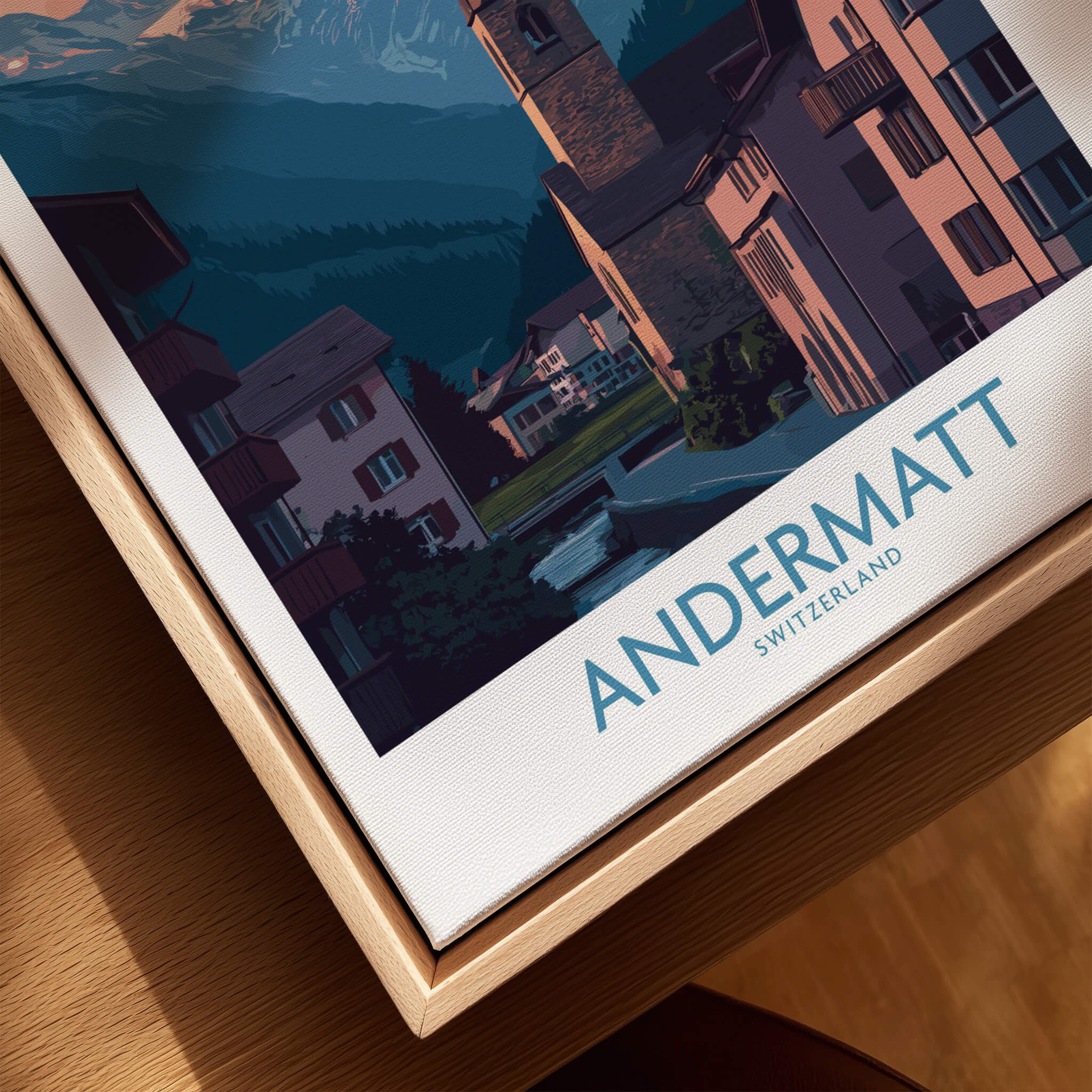 Andermatt Switzerland Print – Travel Poster showcasing Alpine architecture and scenic landscape in rich colors.