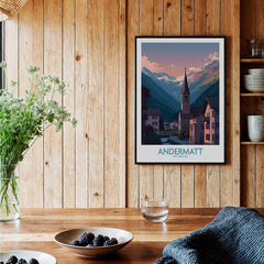 Andermatt Switzerland Print – Travel Poster featuring a scenic view of Andermatt's Alps and charming architecture.