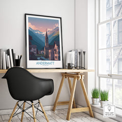 Andermatt Switzerland Print – Travel Poster displayed in a stylish workspace with mountains and buildings.