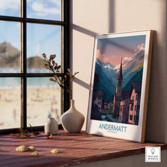 Andermatt Switzerland Print – Travel Poster showcasing a scenic view of Andermatt with dramatic mountains and charming chalets.