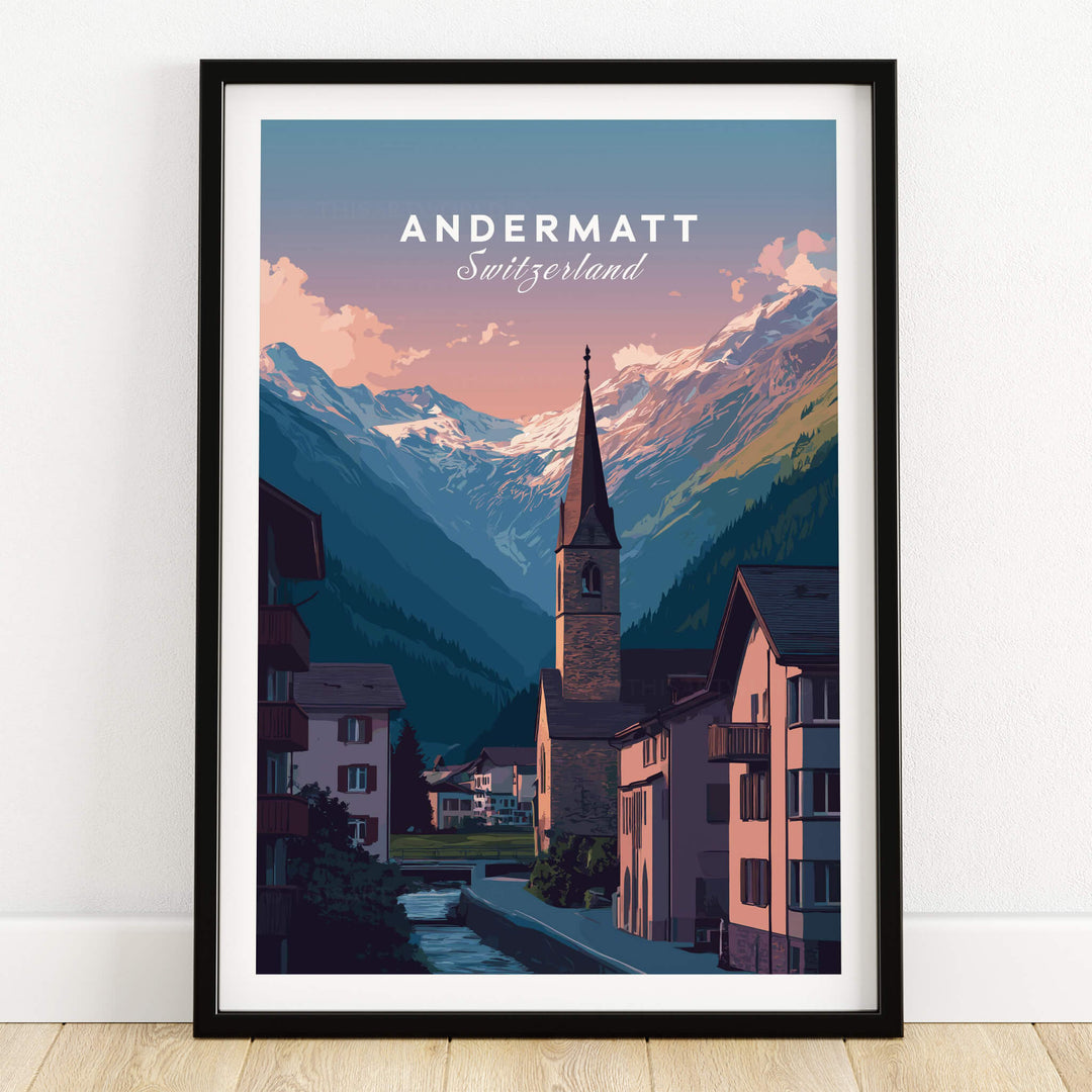 Andermatt Travel Poster – Switzerland Print featuring alpine peaks and village architecture in a framed print.