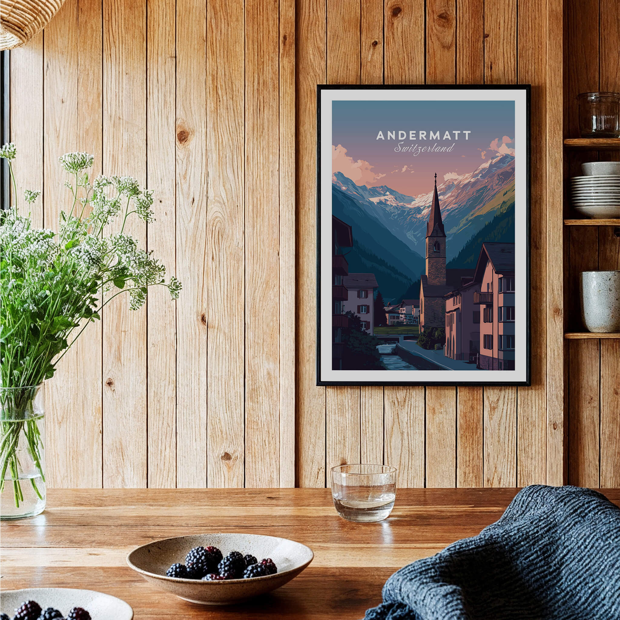 Andermatt Travel Poster – Switzerland Print featuring alpine scenery and charming village architecture.