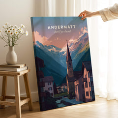 Andermatt Travel Poster – Switzerland Print featuring a picturesque alpine village and mountains.