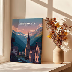 Andermatt Travel Poster – Switzerland Print showcasing the alpine landscape and village architecture of Andermatt.